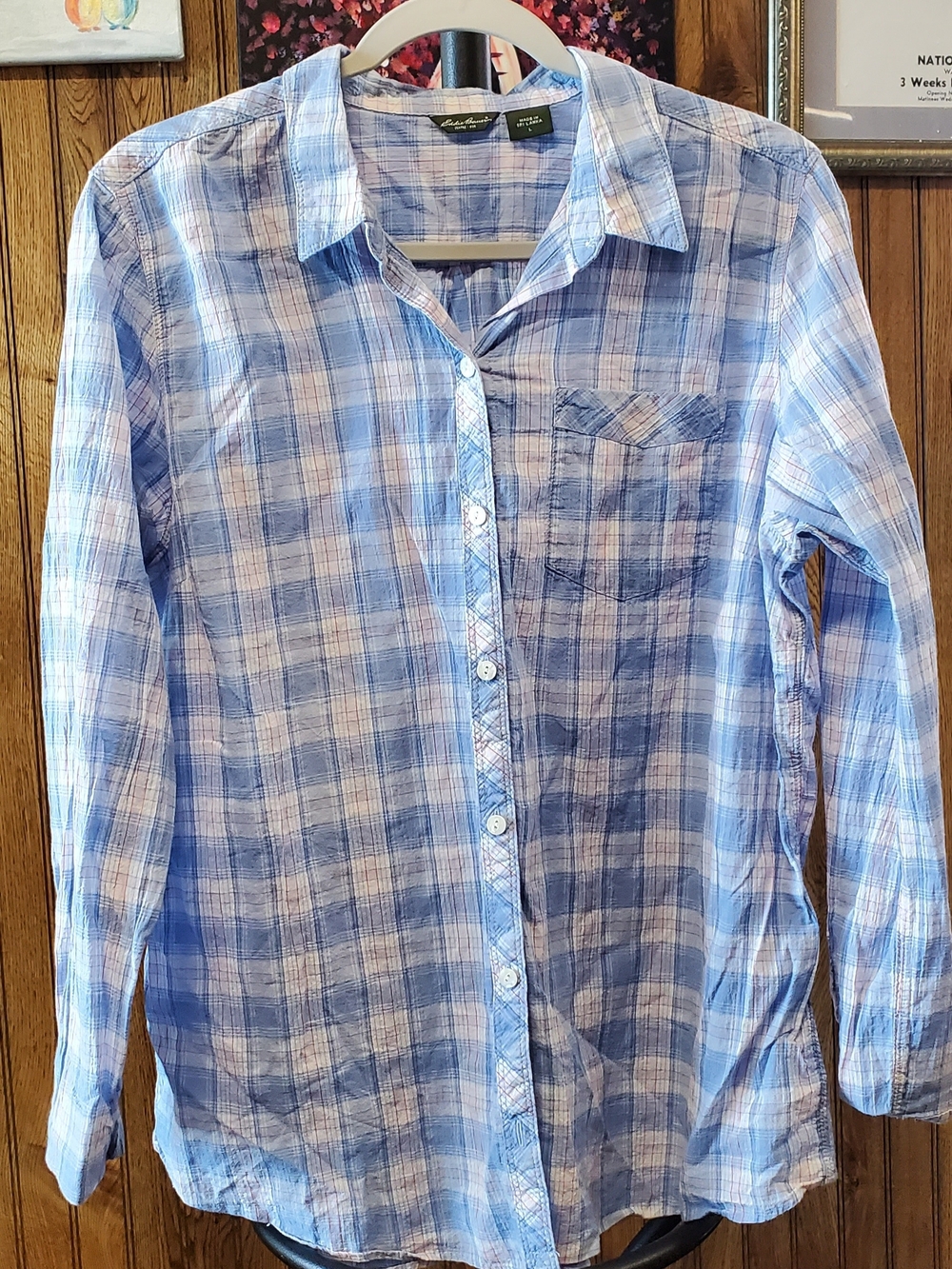 Eddie Bauer Light Blue and White Plaid Button-Down Shirt - Women's